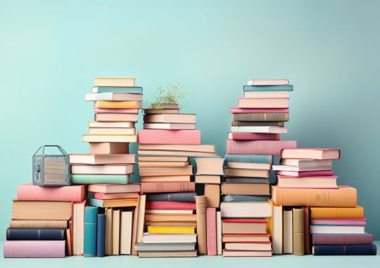 ערימה של ספרים בהרבה צבעים על רקע טורקיז