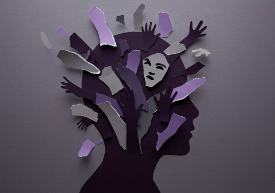 גזיר נייר של ראש בצבע שחור מסתכל ימינה ועליו יש גזרי נייר בצבעים אפור, שחור וסגול בצורות  שחלקן לא מוגדרות וחלקן בצורה של ידיים ואחד בצורה של פרצוף