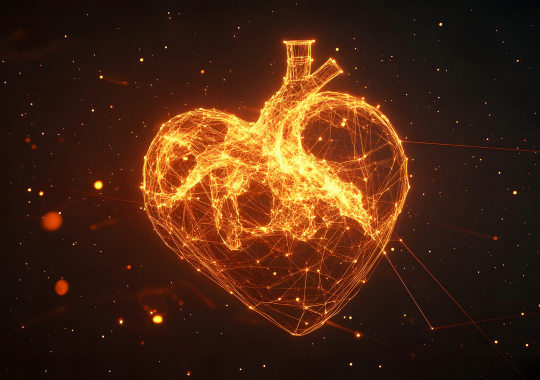 לב שהוא שילוב של לב של אהבה ולב של גוף האדם עשוי מקוים של אור ואש וברקע כמו שמיים עם כוכבים ורסיסי אור וגיצים